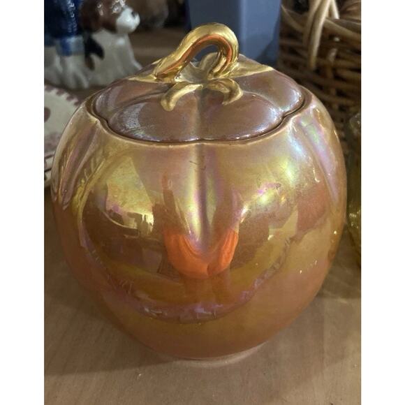 Vtg Fall Pumpkin Canister Orange Lusterware Iridescent Gold Lid Stem Cookie Jar - Picture 2 of 12
